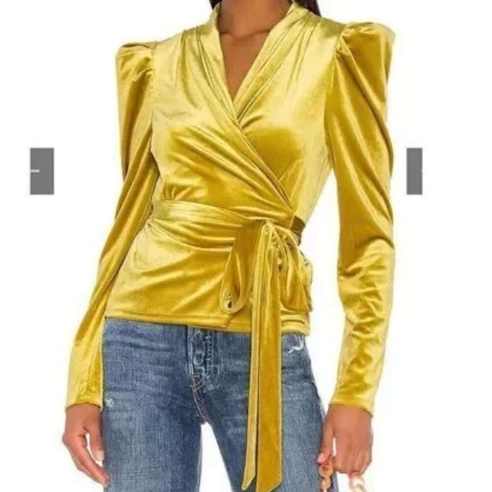 LPA Brielle Velvet Mustard Yellow Wrap Top Balletcore Chic Party Top MSRP $148